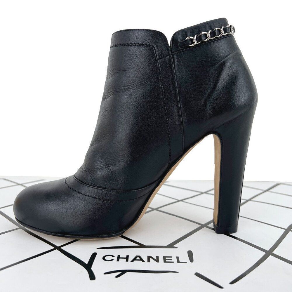 Chanel Lambskin Leather Chain Ankle Heel Boots in Black Size 41C - Picture 6 of 14